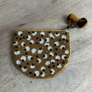 World Market Beaded Seed‎ Coin Purse Gold Velvet White Black Pom Poms 4.5x5